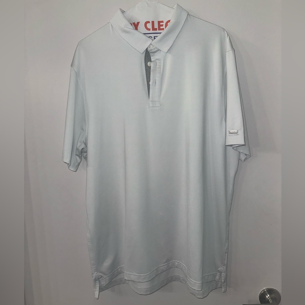 Nike Men Large Dri Fit White/light Grey Stripped Polo (Poly/Spandex)